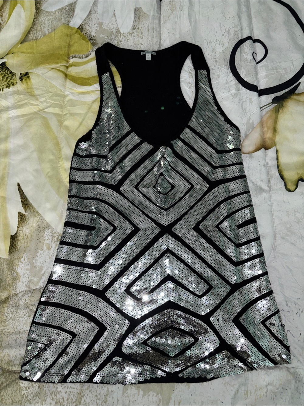Charlotte Russe Black and Silver Sequin Geometric Tank Top